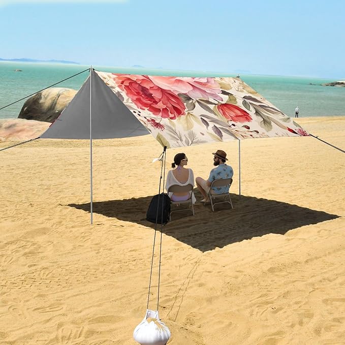 Red and Pink Flowers Beach Tent Sun Shelter 9.2' x 10.5' Beach Canopy with 4 Sandbags 4 Stability Poles Sand Shovels - Tent Canopy for Beach Camping Fishing Picnics