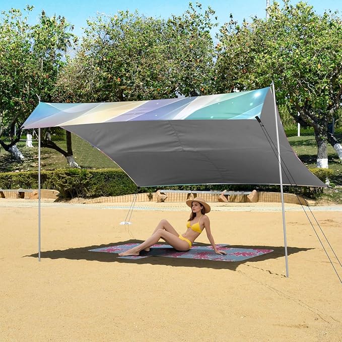 Bolaz Beach Canopy Tent Sun Shade9'×10.5' Large Family Beach Shade UPF50+- Outdoor Shade for Camping Trips FishingStreamer Flash Rainbow Gradient Pattern