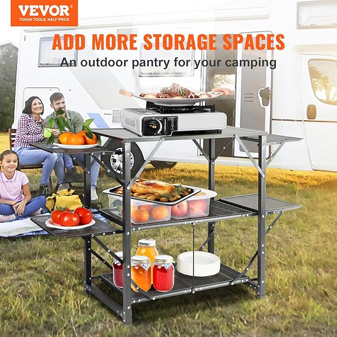 VEVOR Camping Kitchen Table Aluminum Folding Portable Outdoor Cook Station with 4 Iron Side 2 Shelves &amp Carrying Bag Quick Installation for Picnic BBQ Beach Traveling