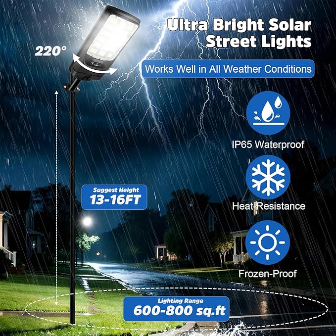 Solar Street Lights Outdoor 21000LM 6500K Motion Sensor Solar Lights Waterproof Dusk to Dawn Solar-Powered Flood Lights with Remote Commercial Area Lighting for Parking Lot Driveway Garage 2-Pack