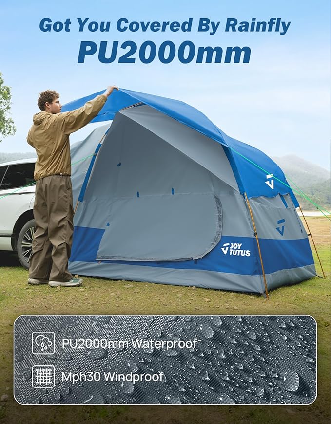 JOYTUTUS SUV Tent for Camping with Rainfly Double Door Design Car Tent with Aluminum Poles SUV Tailgate Tent with Waterproof PU2000mm Double Layer for 4-8 Person Blue
