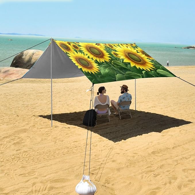ALAZA Sunflower Field Sky Beach Tent Sun Shelter UPF50+ Protection Beach Shade Canopy w/ 4 Sandbags for Outdoor Camping Fishing Backyard Fun Picnic 10x9 ft