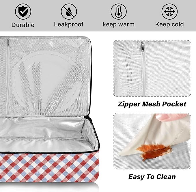 Casserole Carrier Red and Blue SquaresInsulated Casserole Carrier for Hot or Cold Food Thermal Lunch Tote for Potluck Parties Picnic Beach Fits 9 x 13 Inches Baking Dish
