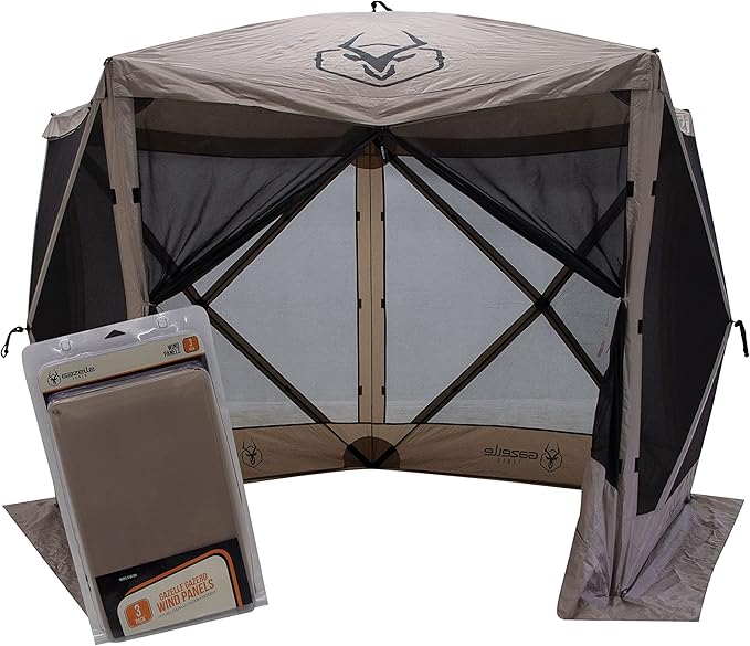 Gazelle Tents™ G5 5-Sided Portable Gazebo with TriTech Mesh Pop-Up Hub Screen Tent Waterproof UV Resistant 4-Person &amp Table Desert Sand 85 x 115 x 106 GK913 Includes 3 Pack of Wind Pane