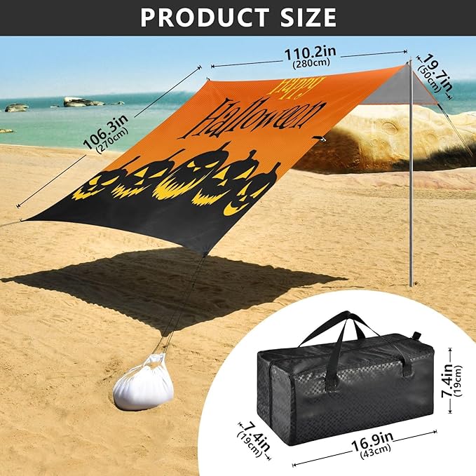 Pumpkin Lantern Silhouette Beach Tent Camping Sun Shelters Portable Outdoor Canopy Sun Shade for Camping Trips Fishing Backyard Fun or Picnics Easy Setup with Carrying Bag