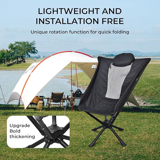 East Oak Swivel Camping Chair – High-Back Portable Folding Chair with Pillow Sets Up in Seconds Supports Up to 350 lbs Compact Lightweight Backpacking Chair for Hiking Beach and Sports Events