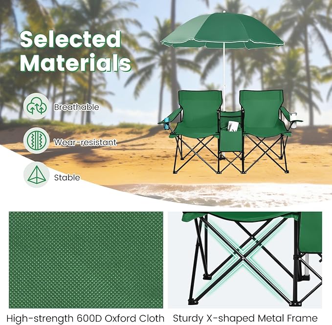 COSTWAY Double Portable Picnic Chairs Folding Camping Chairs w/Detachable Umbrella Cooler Bag Cup Holders Patio Beach Camping Chairs for Outdoors Green