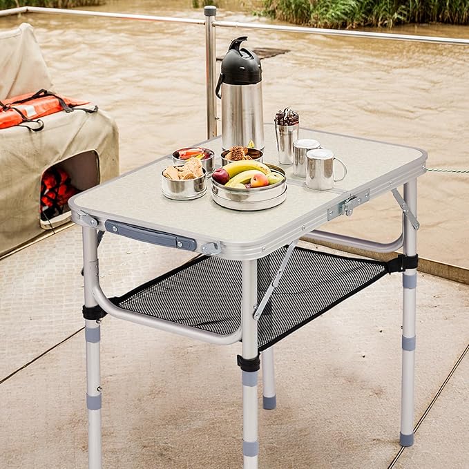 Portable Aluminum Folding Camping Table3-Height Adjustable Lightweight Outdoor Table with Mesh Storage Carry Handle for Picnic BBQ Beach Hiking (White 2ft)