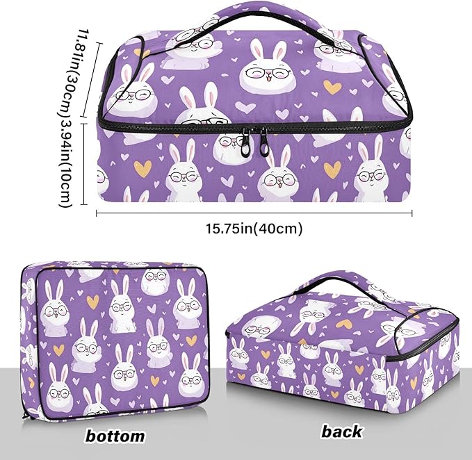Casserole Carrier Purple Rabbit PatternInsulated Casserole Carrier for Hot or Cold Food Thermal Lunch Tote for Potluck Parties Picnic Beach Fits 9 x 13 Inches Baking Dish