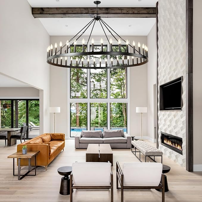64 Inch Extra Large Black Wagon Wheel Chandelier 42-Light Farmhouse Wagon Wheel Chandeliers Round Industrial Ceiling Light fixtures for Outdoor Porch high Ceilings Living Dining Room Foyer Entryway