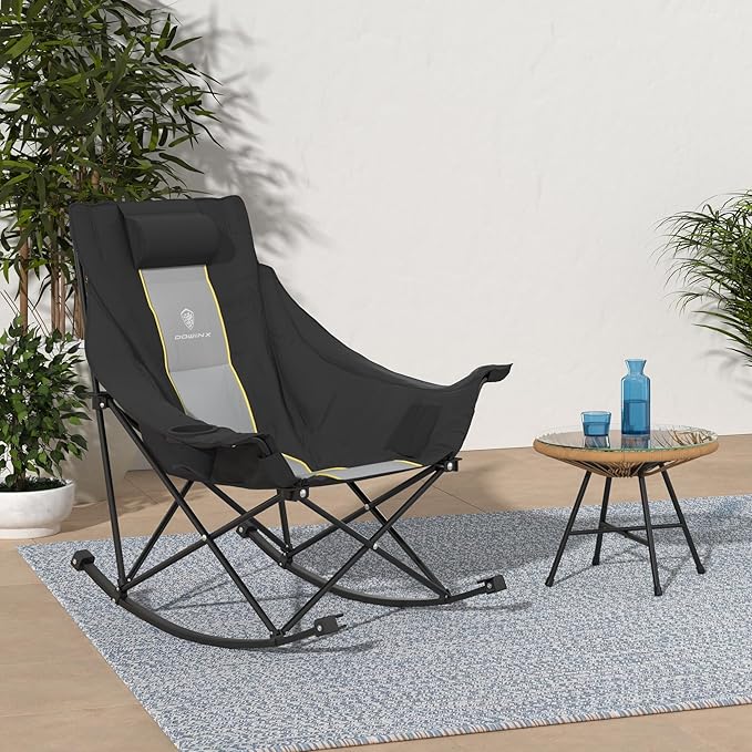 Dowinx Oversized Rocking Camping Chair Fully Padded Patio Chair with Side Pocket and Carry Bag High Back Portable Lawn Recliner with Headrest Support 300 lbs Black