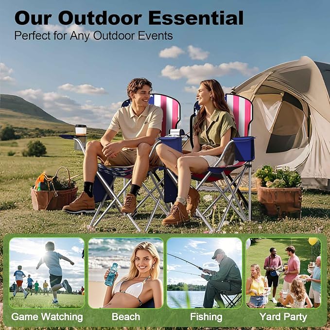 Folding Camping Chairs Durable 600D Oxford Portable Outdoor Chair with Cooler Pouch Cup Holder &amp Storage Pocket for Camping Beach Fishing