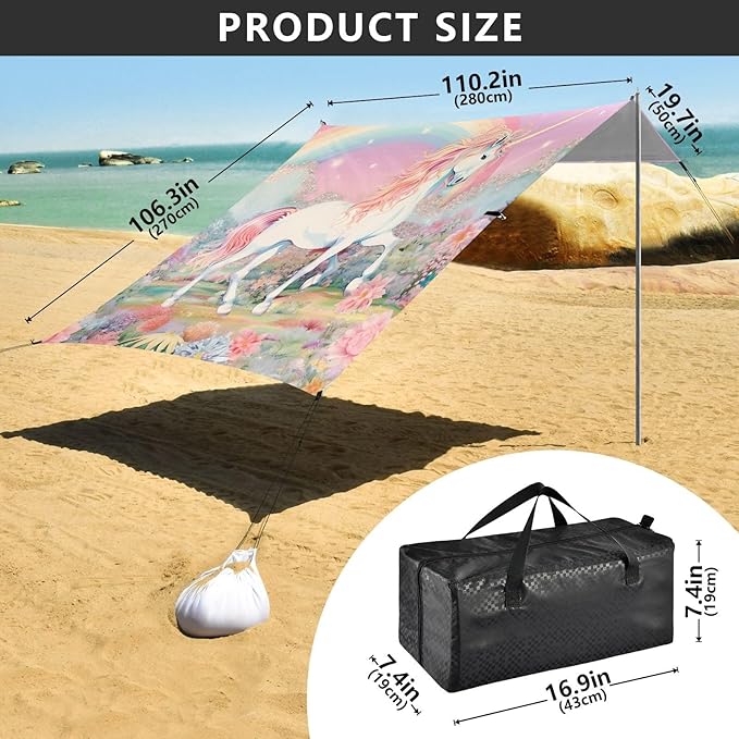 Beach Tent Sun Shelter Rainbow White Horse Lightweight &amp Easy Setup Beach Shade Canopy for Camping Fishing