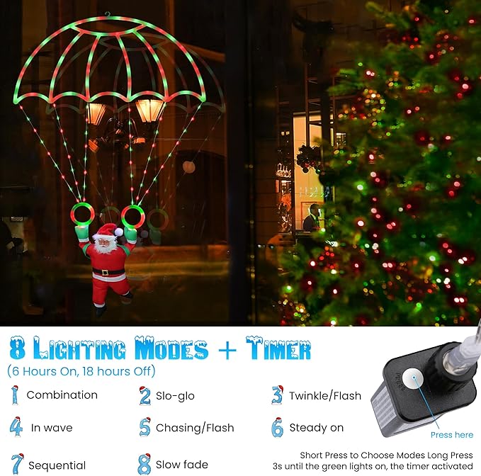 Toodour Christmas Decorations Lights Outdoor 2.8FT Christmas Parachute Lights with Santa Claus Waterproof 8 Modes Hanging Red &amp Green Xmas Light - Holiday Decorative Light for Indoor Eave Roof