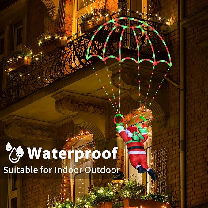 Toodour Christmas Decorations Lights Outdoor 2.8FT Christmas Parachute Lights with Santa Claus Waterproof 8 Modes Hanging Red &amp Green Xmas Light - Holiday Decorative Light for Indoor Eave Roof