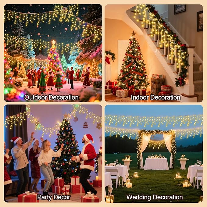 98 Ft Ice Lights for Outside 1216 LED Christmas Lights Outdoor Plug in Christmas String Lights with 8 Modes &amp Timer for Holiday Party Wedding House Patio Outdoor Decor(Warm White)