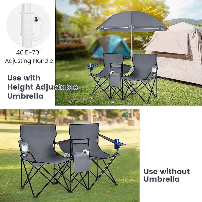 Tangkula Double Camping Chairs with Umbrella Portable 2 Seat Folding Camp Chair with Cooler Bag Beverage Holder Carrying Bag Foldable Lawn Chair for Outside Fishing Picnic Beach