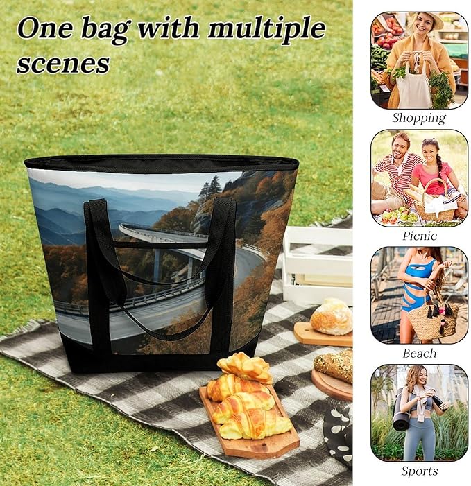 Insulated Shopping BagLarge Reusable Cooler Bags Blue Ridge Parkway Road Bridge Printed Foldable Shopping BagTravel Waterproof Shoulder Bag