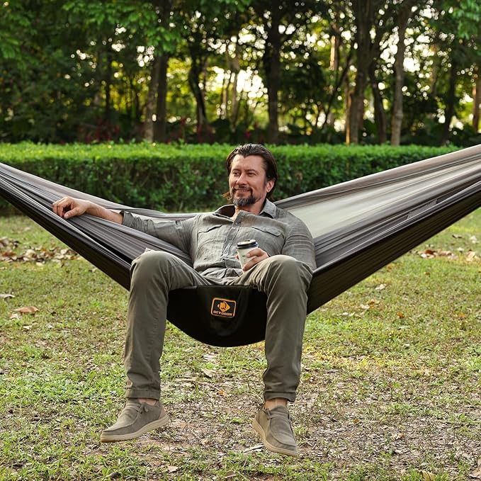 Camping Hammock Portable Hammocks with Mosquito NetLightweight Nylon Parachute Hammock with 10ft Tree StrapsCamping Gear Must Haves for Travel Hiking Backpacking Beach Patio-Black&ampGrey