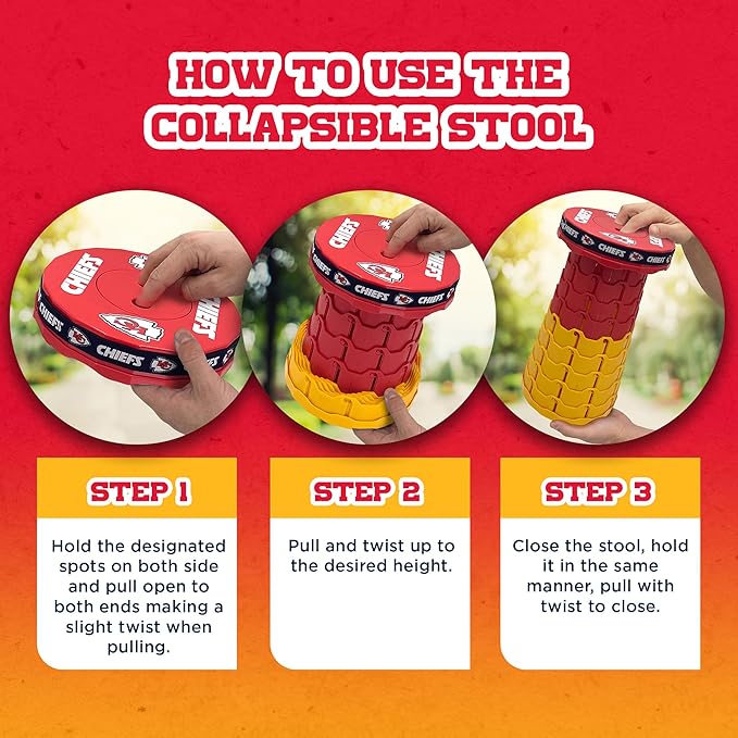 Sporticulture NFL Kansas City Chiefs Telescoping Collapsible Stool Portable Adjustable Height Folding Camping Stool with Carry Strap Retractable Stadium and Tailgate Seat 18Hx10Wx10D