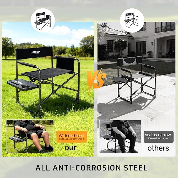YOUNG WOOD Camping Directors Chair Lightweight Oversized Portable Folding Chair with Side Table and Storage Pockets for Outdoor Camping Lawn Picnic and Fishing Supports 400lbs (Black)