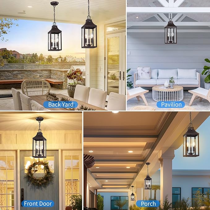 15.5'' Large Outdoor Pendant Light Fixtures 3-Light Dusk to Dawn Exterior Hanging Lantern Porch Light Adjustable Brown Hanging Lamp Farmhouse Exterior Chandelier Ceiling Mount for Entrance Patio