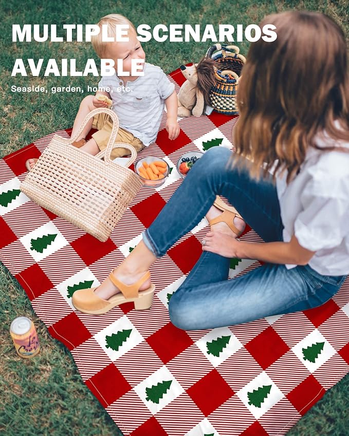 Beach Blanket Waterproof Sandproof OversizedMerry Christmas Green Trees Seamless Beach Mat with Corner Stakes Sand PocketsRed Buffalo Plaid Outdoor Picnic Mat for Travel Camping Hiking 83x79In