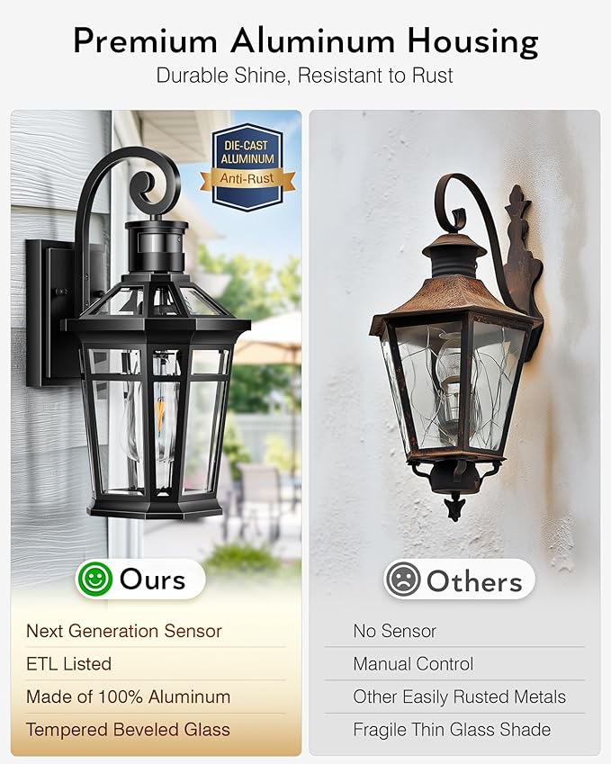 Motion Sensor Outdoor Wall Lights Black Dusk to Dawn Porch Light Wall Mount Exterior Lighting Fixtures Outdoor Wall Sconce Lantern with Adjustable Sensor Range Coach Lights for Garage Patio