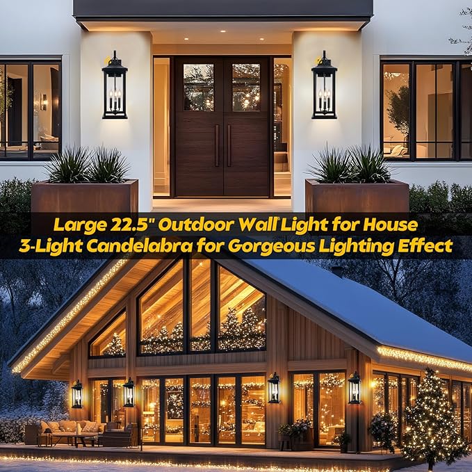 2-Pack Dusk to Dawn Outdoor Lighting 23 Inch Extra Large 3-Light Modern Black Outdoor Wall Lights Exterior Lighting Fixtures IP65 Waterproof Outdoor Lanterns Photocell Sensor E12