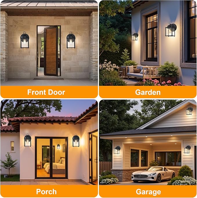 GRUENLICH Outdoor Wall Sconce Exterior Wall Lighting Fixtures with Clear Glass Front Porch Lighting Anti-Rust Outside Lights for Patio Doorway Matte Black 2 Pack