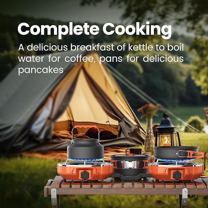 Propane 2 Burner Camping Stove Kit with Camping Cookware Outdoor Folding Propane Gas Stove Camp Portable Stove and Camping Cooking Set With 20000 Total BTUs for BBQ Tailgating Camping