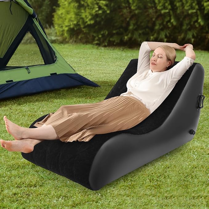 Air Mattress Bed S-Shape Inflatable Sofa with Pump Inflatable Chair Air Couch Flocked Surface Waterproof Portable Blow Up Bed for Camping Lounge Beds for Afternoon Rest (Black)