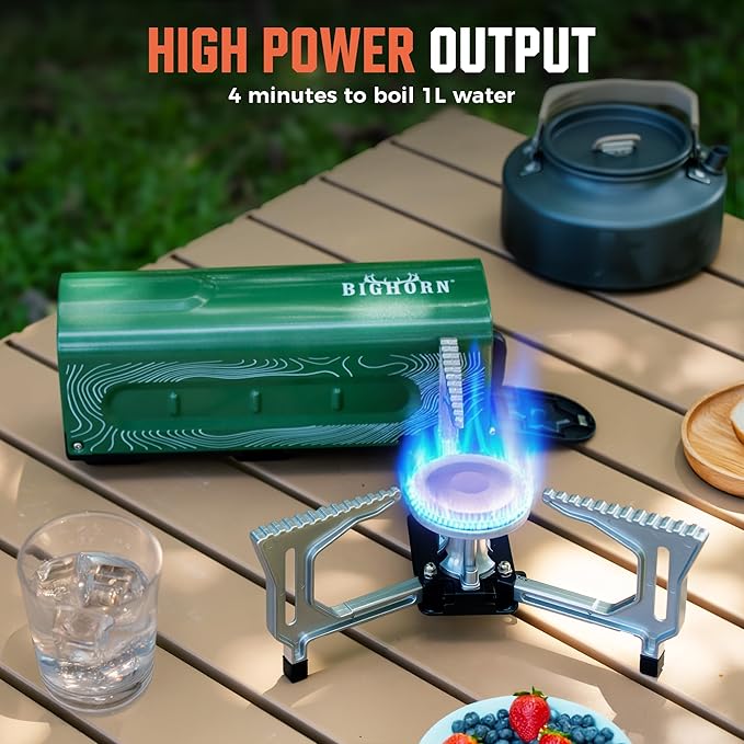 BIG HORN OUTDOORS Butane Camping Stove Portable Folding Gas Burner with Carry Bag for Camping Emergency Use and Outdoor Cooking