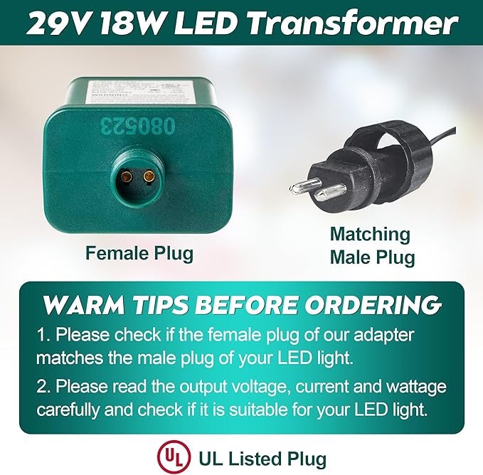 Enhon 29V LED Power Supply UL Certification LED Transformer Replacement Class 2 Power Supply Low Voltage Transformer US Plug Adapter for Christmas Tree Light Green Right Positive(TS-18WL29V)