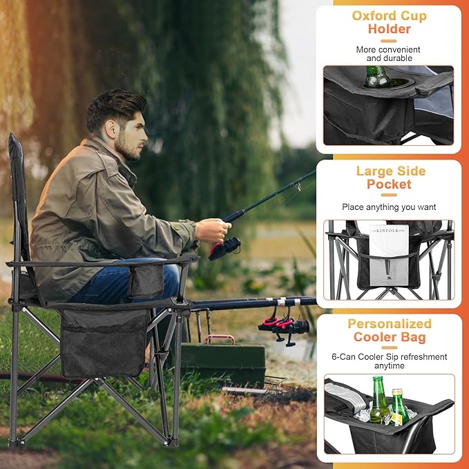 Romswi Oversized Camping ChairsHeavy Duty Support 500 LBSPadded Back &amp Arm Sport Chairs Cup Holder Cooler Bag Collapsible Folding Chairs for Outdoor Fishing &amp Garden Black2-Pack