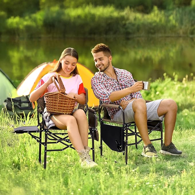 VINGLI Camping Chairs Directors Chair Camping Chair with Side Table &amp Carry BagHeavy Duty Camping Chairs for Adults Portable Folding Camping Chair Pocket for Beach FishingTripPicnicLawn-B