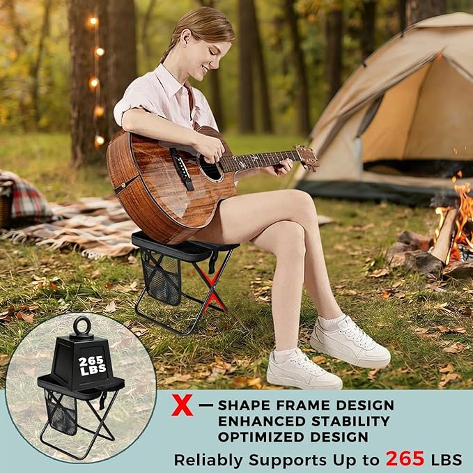 Portable Collapsible Stool - Folding Chair with Storage Pouch Convertible Satchel for Hands-Free Carry &amp Supports 265Lbs Ultralight for Hiking Fishing Camping Festivals (Black)