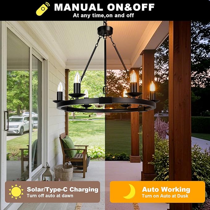 Solar Outdoor Chandelier 6-Light 19 Chandelier Outdoor Waterproof Dimmable Hanging Pendant Lights Farmhouse Style for Gazebo Porch Patio Pergola Decor Lighting