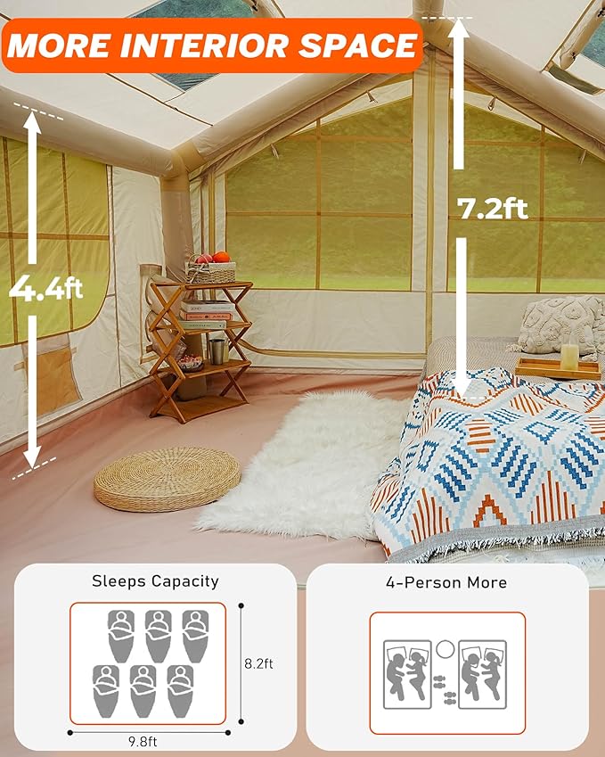Inflatable Tent for Camping with Pump 4-6 Person Extra-Space Blow up Tent 420D Waterproof Oxford Glamping Air for Family 4 Season Inflatable House