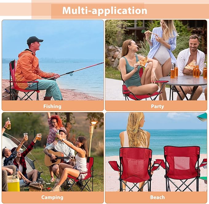 Shellwei 2 PCS Folding Camping Chair with Cupholder and Carry Bag Regular Size Colorful Breathable Portable Lightweight Lawn Chair with Side Pocket for Fishing Hiking Beach Outdoor Activity