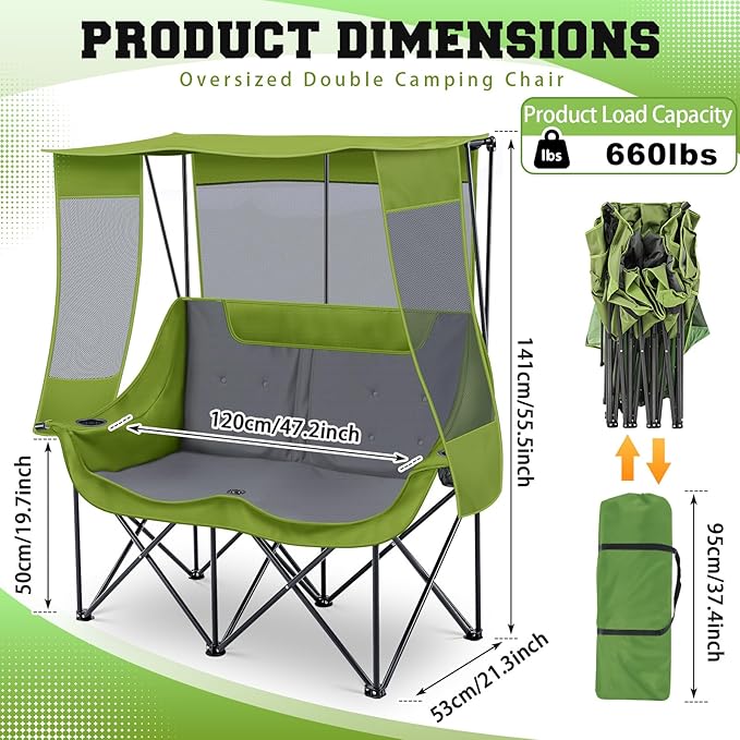Double Camping Chair with Canopy Shade 660lbs Heavy Duty Beach Chair Portable Folding 2 Person Camping Loveseat with Cup Holder and Storage Bag for Lawn Beach Outdoor Sport(Geen and Grey)