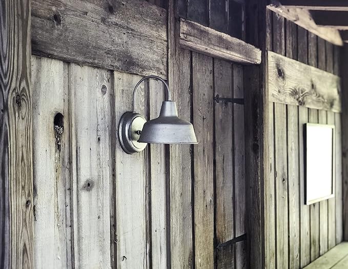 Design House Mason Farmhouse Gooseneck Barn Light Outdoor Exterior Porch or Patio Wall Light Fixture Galvanized Gray Paint 8 Inch Diameter 1-Pack 520965