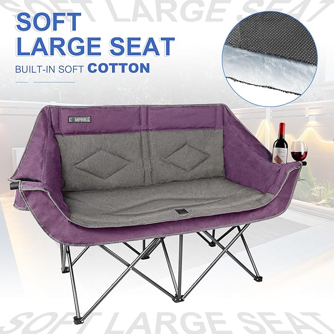 Oversized Double Camping Chair-Heavy Duty 2 Person Folding Loveseat Camp Couch for AdultsPortable Outdoor Lawn Chairs with Padded Seat for FishingSports and PatioSupports 500 LBSPurple