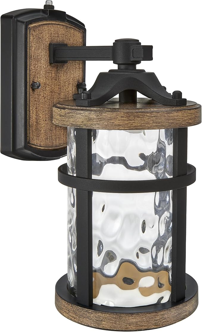 Maxxima LED Outdoor Wall Light Black w/Wood Grain Style Finish Clear Hammered Glass 800 Lumens 3000K Warm White Dusk to Dawn Sensor Farmhouse Wall Mount Sconce Rustic Coach Lantern