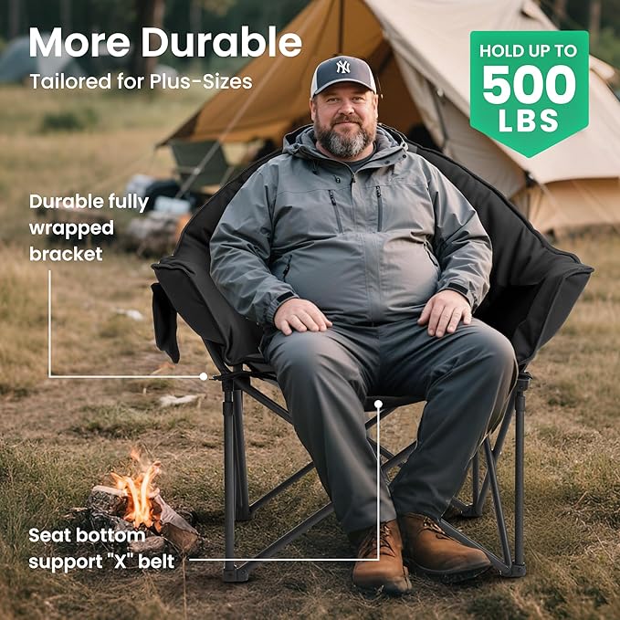 Oversized Camping Chair with Cup Holder &amp Carry Bag 500lbs Heavy Duty Moon Saucer Folding Chair for Outdoor Lawn Sports Patio Black