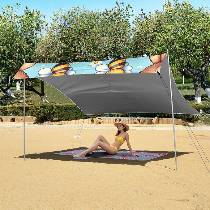 Cute Teddy Bear Sit with Bee on Blue Background Camping Sun Shelter Beach Tent Portable Beach Sun Shade Outdoor Canopy for Camping Trips Fishing Picnic
