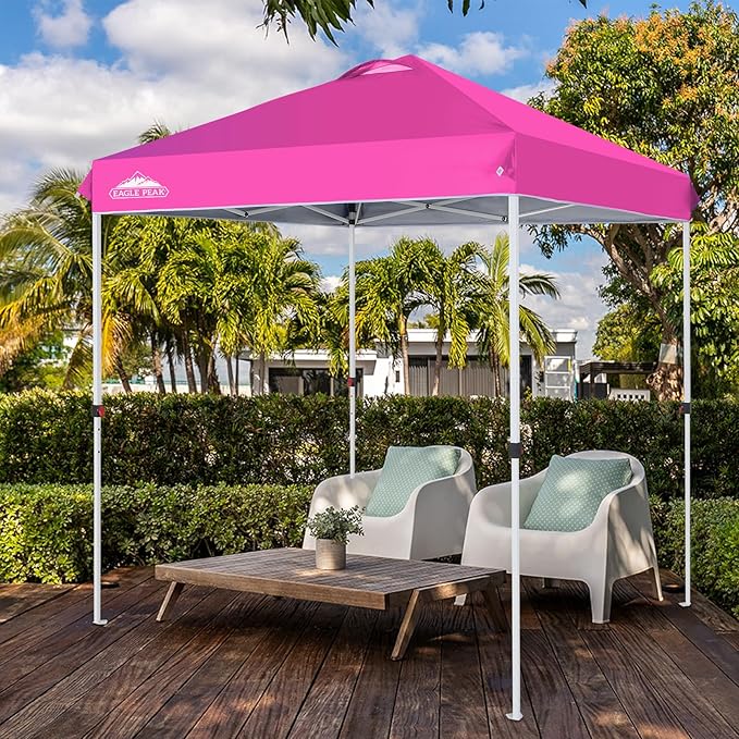 EAGLE PEAK Pop Up Canopy Tent with Wheeled Carry Bag 8 Stakes 4 Ropes Easy Set Up Tent Canopy 6.6x6.6 ft Pink