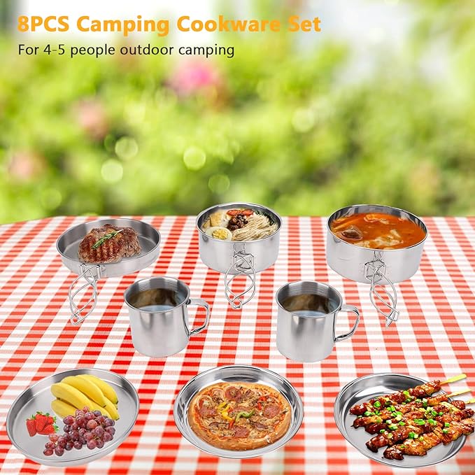 8PCS Stainless Steel Camping Cooking Set Cookware Mess Kit Cook Pots and Pan Set with Plates Cups Lightweight Camping Cookware for Hiking Backpacking Outdoor Cooking and Picnic