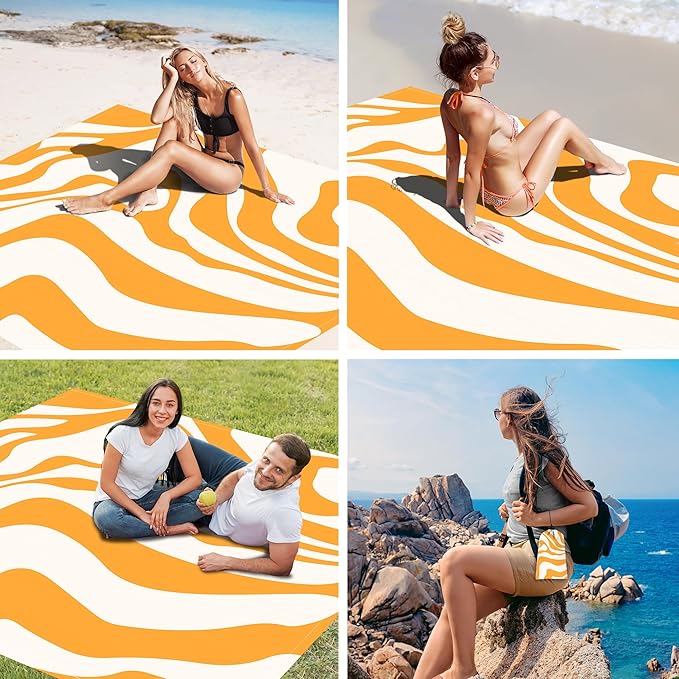 Yellow Beach Blanket Sand Free Waterproof Outdoor Beach Mat with 4 Stakes &amp Pockets 78''×86'' Large Sandproof Foldable Picnic Blanket with Portable Bag for Camping Travel Hiking