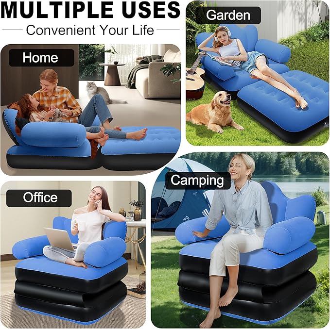 SeaSlep Blow Up Pull Out Couch with HeadboardInflatable Couch with Flocked SurfaceFolding Inflatable Chair for AdultsPortable Air Sofa BedDurable Air CouchesInflatables couches for Camping-1pc